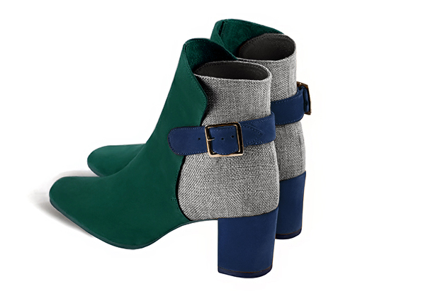 Forest green, pebble grey and navy blue women's ankle boots with buckles at the back. Square toe. Medium block heels. Rear view - Florence KOOIJMAN